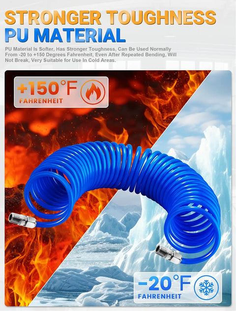 Repairable PU Recoil Air Hose 25 Feet For Air Compressors One Quarter Inch NPT Quick Coupler And I M Plug Kit 200 PSI Max