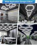 Hexagon LED Garage Light 72 Pack 79200LM Honeycomb Panels Hella Bright Ultra Wide Beam Perfect For Garage Gym Basement Hair Salon Workshop Dimmable From 10 Percent To 100 Percent illuminating diverse spaces like garage, salon, and gym.