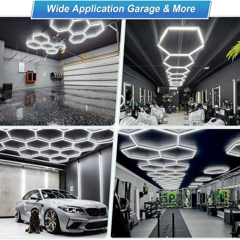 Hexagon LED Garage Light 72 Pack 79200LM Honeycomb Panels Hella Bright Ultra Wide Beam Perfect For Garage Gym Basement Hair Salon Workshop Dimmable From 10 Percent To 100 Percent illuminating diverse spaces like garage, salon, and gym.
