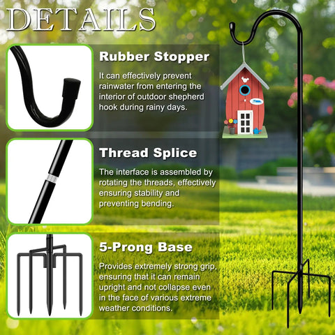 Outdoor No Fuss 48 Inch Shepherds Hook Garden Pole With Five Prongs Base Adjustable For Hanging Flower Baskets Plant Pots Solar Lanterns Wind Chimes And Wedding Decor 1 Pack Sturdy Weatherproof Garden Accessory with birdhouse details