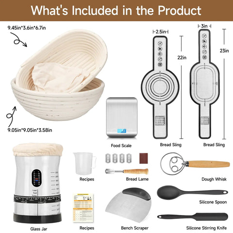 Pro-Grade Sourdough Starter Kit With 50 Oz Jar, 17 Flavor Recipes, two proofing baskets, food scale, bench scraper, bread lame, thermometer.