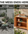 Outdoor Garden Wood Storage Cabinet With Waterproof Tool Shed, before and after organization, pots and tools neatly stored.