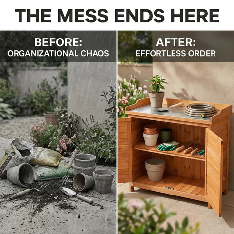 Outdoor Garden Wood Storage Cabinet With Waterproof Tool Shed, before and after organization, pots and tools neatly stored.