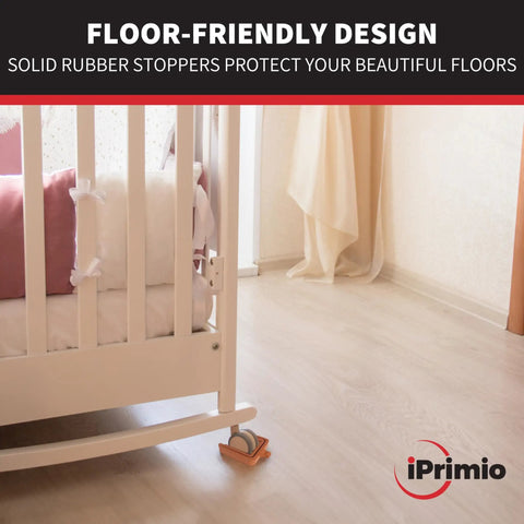 No Lift Wheel Stoppers For Rolling Furniture Bed And Furniture Stopper Keeps Your Bed From Sliding No Lifting Required Heavy Duty Caster Cups Solid Rubber 4 Pack Brown in use under crib on hardwood floor