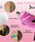 Close-up of pink drill from Girl Friendly 40 Piece Drill Set With Pink Cordless Drill And Tool Box Beginner Friendly Home DIY Kit.