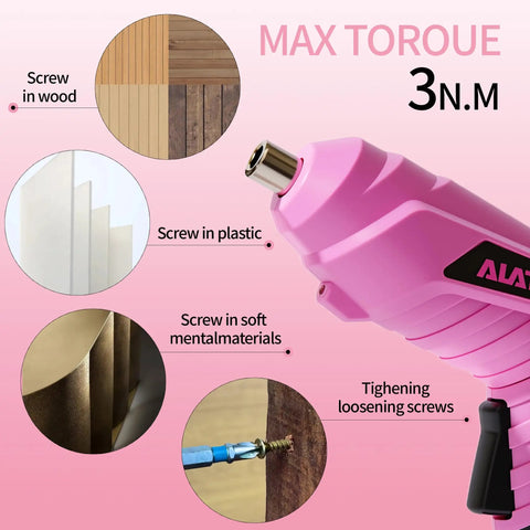 Close-up of pink drill from Girl Friendly 40 Piece Drill Set With Pink Cordless Drill And Tool Box Beginner Friendly Home DIY Kit.