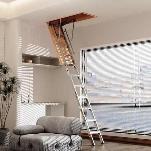 Heavy Duty Attic Ladder With 350 Lb Capacity, Fold Down Loft Stairs For Ceilings From 7 Ft 8 In To 10 Ft 3 In, 22.5 Inch By 54 Inch Opening, Non Slip Steps, Space Saving Pull Down Design For DIYers And Home Storage Access installed in living room ceiling