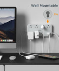 Ultra Slim Flat Power Strip Surge Protector With Eight Wide Spaced Outlets And Three Usb Ports Featuring Six Foot Cable on wall with devices.