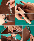 Crafting tools from 85 Piece Leather Tooling Kit With Custom Storage Bag For Leather Crafting Stamping Carving Cutting And Punching Tools Set For Beginners And Pros Durable PU Leather Case Portable Organization, in use on leather.