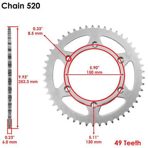 Black Drive Chain And Sprocket Kit For Yamaha TTR230 2005 2017 520 Pitch 49 teeth rear sprocket dimensions