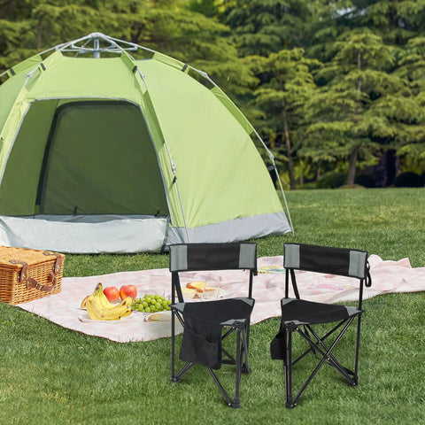 2 Pack Go-To Folding Tripod Camping Chairs With Backrest in front of a tent on grass