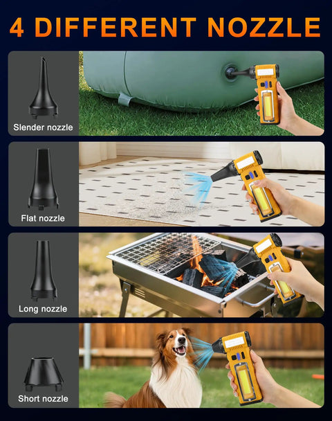 Turbo Charged No Fuss 130000 RPM Electric Air Duster With Light showing four nozzle options for versatile dusting tasks