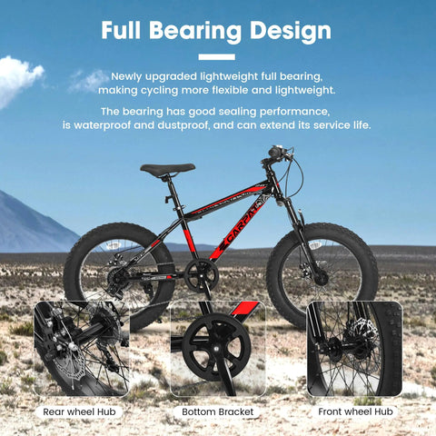 Fat Tire Kids Mountain Bike With 20X4 Inch Fat Tires Dual Disc Brakes Front Suspension 7 Speed All Terrain Ride Black-Red