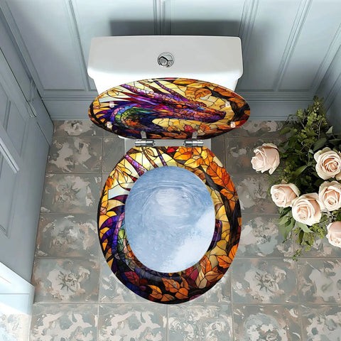 Round Resin Toilet Seat for Bathroom displayed from above, with colorful stained glass design and floral accents.