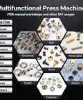 Multifunctional press machine uses with grommet, nail, metal label, eyelet, rivet, button, fastener; DIY tool applications displayed.