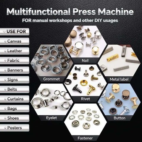Multifunctional press machine uses with grommet, nail, metal label, eyelet, rivet, button, fastener; DIY tool applications displayed.