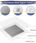 Diagram of aluminum wall repair patch with fiberglass, aluminum, and cardboard layers, labeled as substantial, long-lasting, no trace.
