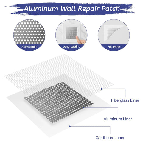 Diagram of aluminum wall repair patch with fiberglass, aluminum, and cardboard layers, labeled as substantial, long-lasting, no trace.