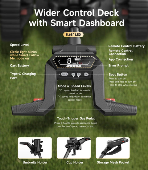Smart Follow Me Electric Golf Cart With Wireless Remote And Rugged All Terrain Wheels Powered By A Beefy Thirty Six Hole Battery dashboard with controls.