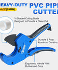 Pacmann PVC pipe cutter, heavy-duty ratchet tool up to 2-1/2 inches, blue aluminum body with rubber grips