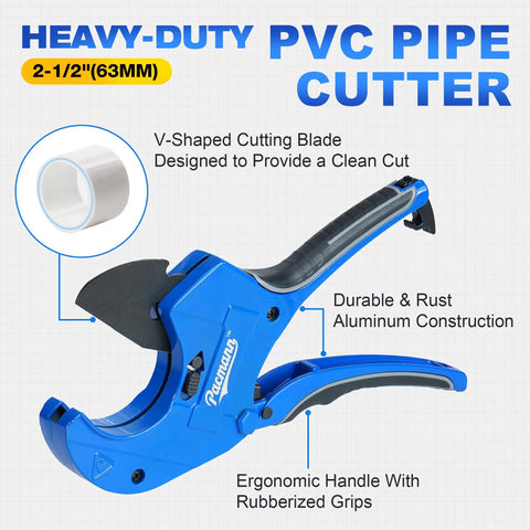 Pacmann PVC pipe cutter, heavy-duty ratchet tool up to 2-1/2 inches, blue aluminum body with rubber grips