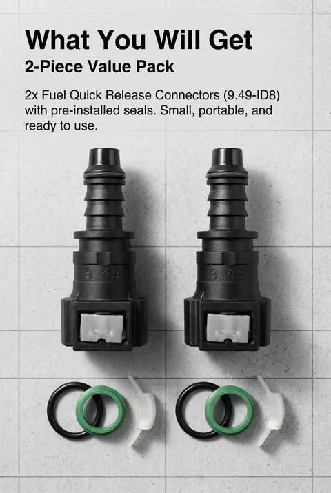 Ride Ready Straight Fuel Line Quick Connector Three Eighth Inch Nylon Hose Coupler with 2 quick release connectors and seals.