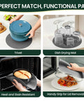 2 In 1 Glass Microwave Splatter Cover And Plate Mat Set used in kitchen, showing trivet, drying mat, oven use, and lid removal