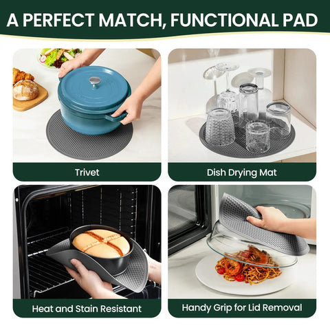2 In 1 Glass Microwave Splatter Cover And Plate Mat Set used in kitchen, showing trivet, drying mat, oven use, and lid removal