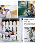Collage of people using HVLP Electric Spray Paint Gun With 1200ML Tank, 4 Nozzles, 3 Spray Patterns for home DIY projects on walls and fences.