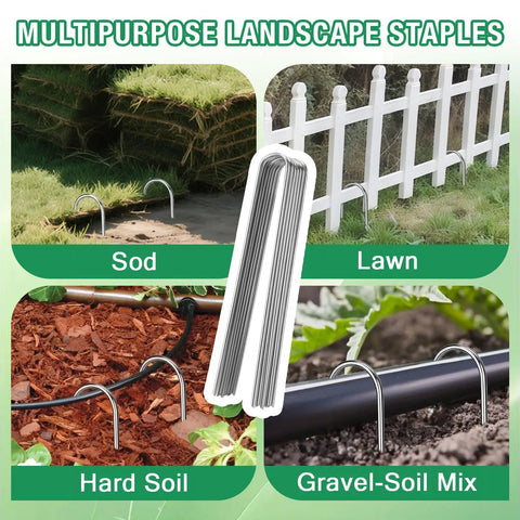 Heavy Duty 12 Inch 8 Gauge Galvanized Landscape Staples, U Shaped Ground Cover Stakes, Pack Of 25 in use on sod, lawn, and gravel-soil mix