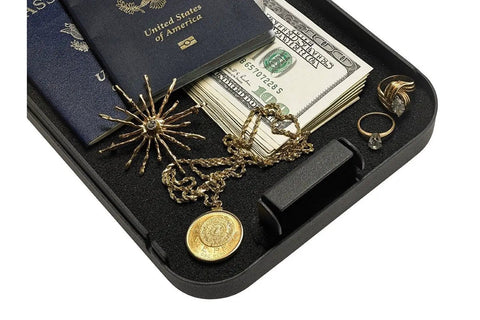 Keyed Lock Box for Handguns, Large Portable Steel Safe and Case showing jewelry, cash, and passport inside, 9.5 x 6.5 x 1.75 inches, black.