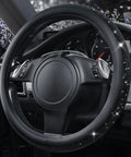 Fresh Bling Diamond Leather Steering Wheel Cover Loaded With Sparkly Crystal Rhinestones Universal Fit For Rides Trucks And SUVs, close-up view on steering wheel.