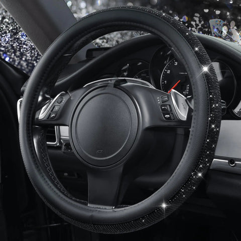 Fresh Bling Diamond Leather Steering Wheel Cover Loaded With Sparkly Crystal Rhinestones Universal Fit For Rides Trucks And SUVs, close-up view on steering wheel.