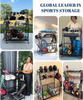 Collage of Garage Ball Storage Organizer With Rolling Cart And 2 Large Bins, Wire Mesh Basket And Tier Ball Rack for sports gear