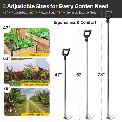 Long-Handle 62-Inch Cultivator Hand Rake With 3-Tine Heavy-Duty Carbon Steel D Grip for various garden bed sizes and uses.