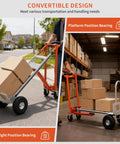 Heavy Duty Aluminum Three In One Convertible Hand Truck With Smooth Rolling Caster Wheels, showing upright and platform positions with boxes.