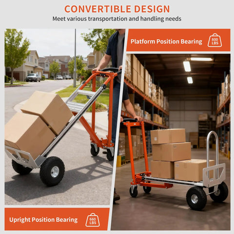 Heavy Duty Aluminum Three In One Convertible Hand Truck With Smooth Rolling Caster Wheels, showing upright and platform positions with boxes.