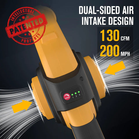 Close-up of Cordless Leaf Blower 21V Lightweight Electric Blower With 130 CFM And 200 MPH Wind, dual-sided air intake design