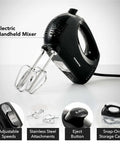 5 Speed Corded Hand Mixer With Stainless Steel Whisks, Compact Portable Design, Snap On Storage Case, 150W Lightweight Black Handheld Mixer For All Your Baking And Cooking Needs HM151B