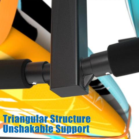 Close-up of black Double Paddleboard And Surfboard Ceiling Storage Rack For Garage with steel frame and foam padding.
