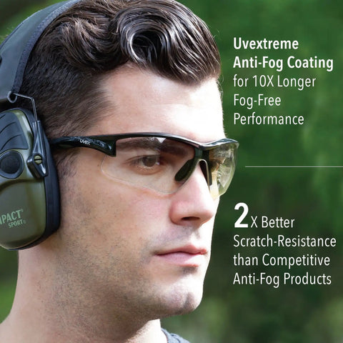 Man wearing Acadia Shooting Glasses With Anti Fog Coating Clear Lenses Sporty Lightweight for eye protection outdoors.