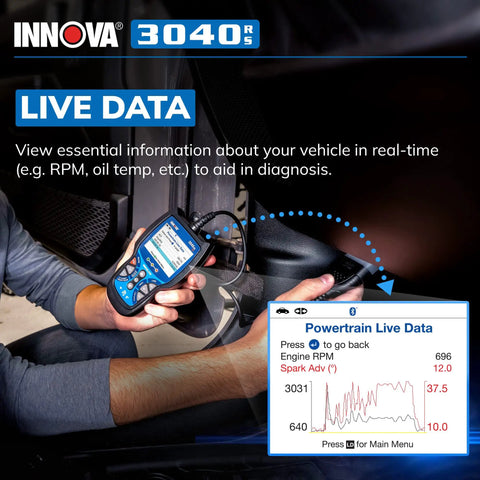 Person using OBD2 Scanner With Live Data Streaming For DIYers, Battery And Alternator Tester, showing live data on screen