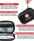 Portable black Mini First Aid Kit 120 Piece Waterproof Hard Shell Medical Kit for Car Home Office Travel Camping Sports Outdoors and School Grab And Go Emergency First Aid Supplies and Survival Kit with visible interior compartments.