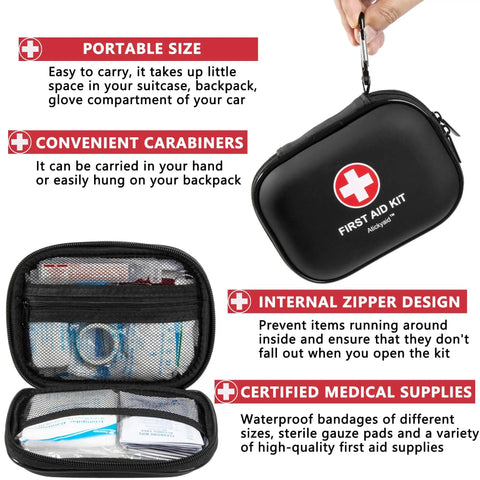 Portable black Mini First Aid Kit 120 Piece Waterproof Hard Shell Medical Kit for Car Home Office Travel Camping Sports Outdoors and School Grab And Go Emergency First Aid Supplies and Survival Kit with visible interior compartments.