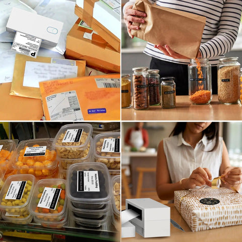 Collage showing Bluetooth Thermal Shipping Label Printer For Small Biz Wireless 4x6 Label Printer That Works With IPhone Android Windows Great For Amazon eBay Shopify Etsy White in use.