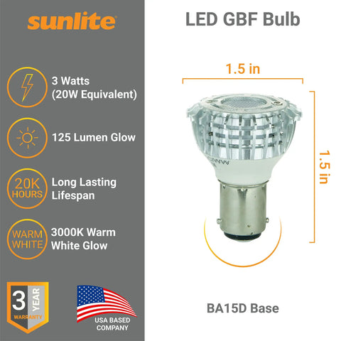 LED GBF Reflector Bulb 3W 20W Equivalent Replacement for 1383 Incandescent 125 Lumens 12V BA15D Base Six Pack