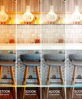 Comparison of 2700K, 3000K, 4000K, 5000K lighting on tiled wall and bar stools showing Ultra Bright LED Bulb 150 Watt Equivalent A21 2600 Lumens Daylight 5000K E26 Base Non Dimmable UL Listed 2 Pack Instant On No Flicker Eye Friendly Crisp Bright White Light For Home And Office effect