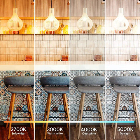 Comparison of 2700K, 3000K, 4000K, 5000K lighting on tiled wall and bar stools showing Ultra Bright LED Bulb 150 Watt Equivalent A21 2600 Lumens Daylight 5000K E26 Base Non Dimmable UL Listed 2 Pack Instant On No Flicker Eye Friendly Crisp Bright White Light For Home And Office effect
