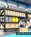Heavy Duty Metal Garage Shelving 79 Inch Wide 4 Tier Adjustable Storage Rack Matrix Frame in a warehouse with workers.
