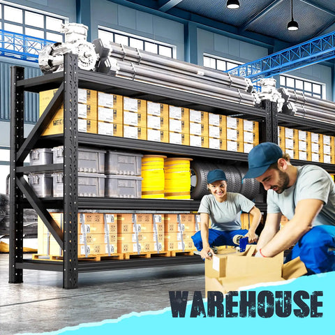 Heavy Duty Metal Garage Shelving 79 Inch Wide 4 Tier Adjustable Storage Rack Matrix Frame in a warehouse with workers.